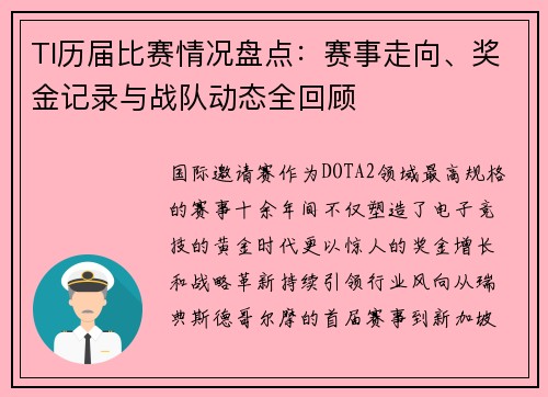 TI历届比赛情况盘点:赛事走向、奖金记录与战队动态全回顾